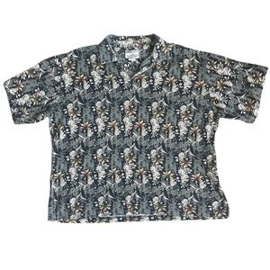 Natural Issue Worn Wash Men’s Floral Hawaiian Polo Shirt in Black & Tan. Size XL